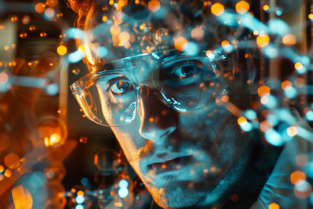 A young scientist intently examines glowing molecular structures through advanced equipment in a modern laboratory filled with neon lights.の素材
