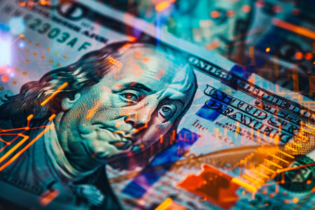 A close-up of a hundred-dollar bill featuring Benjamin Franklin, enhanced with digital elements representing market trends and financial analysis.の素材