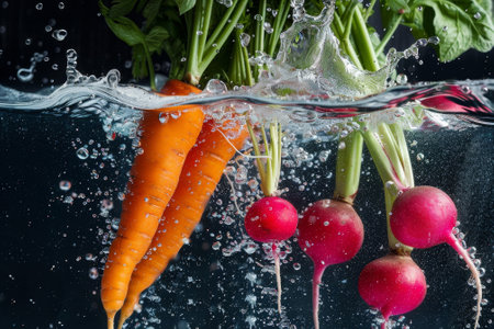 Freshly harvested carrots and radishes are submerged in water, creating lively bubbles as they splash against the surface, highlighting their vibrant colors.の素材