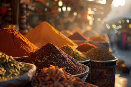 In the early morning, various spices are displayed in a bustling market, with vibrant piles in decorative bowls. The warm light enhances the rich colors, creating an inviting atmosphere.の素材