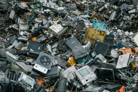 Masses of old electronic devices are stacked at a recycling plant, illustrating the significant waste generated from technological advancements and consumer habits.の素材