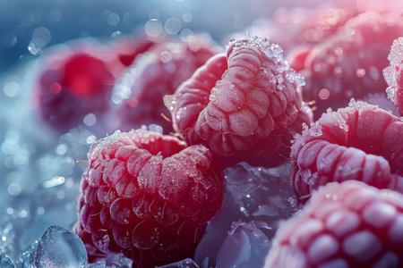 A close-up view reveals raspberries covered in glistening ice crystals resting on crushed ice, highlighting their rich color and freshness in a chilled environment.の素材