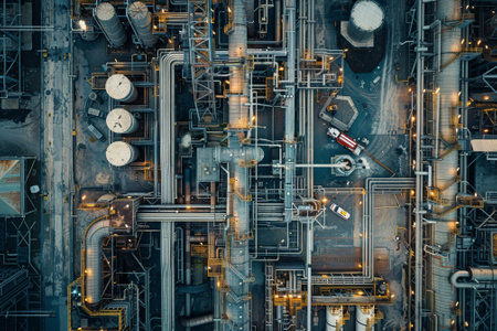 A close up of a large industrial plant with a red truck in the foreground. The plant is lit up at night, giving it a sense of activity and importanceの素材