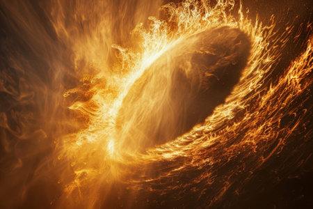 A bright orange fire with a dark background. The fire is surrounded by a circle of water. The fire is very large and the water is very smallの素材