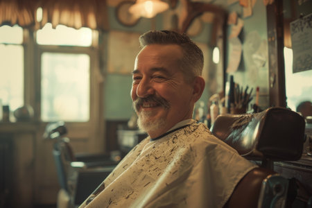 A man is sitting in a barber chair with a smile on his face. He is getting his hair cutの素材