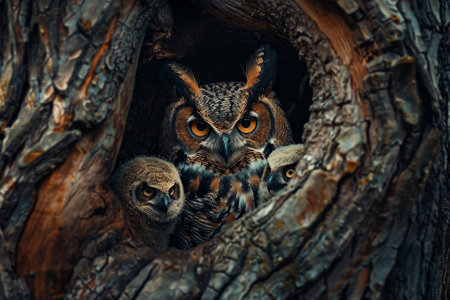 A mother owl is looking at her two babies in a tree. Scene is warm and protective, as the mother owl is keeping her babies safe from potential predatorsの素材