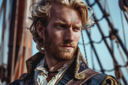 A man with a beard and blonde hair is wearing a pirate costume. He is standing in front of a ship and looking at the cameraの素材
