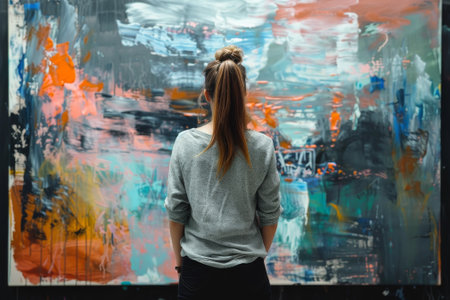 A woman stands in front of a large painting with a ponytail. The painting is a colorful abstract piece with a mix of blue, green, and orange hues. The woman is admiring the artworkの素材