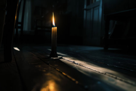 A candle is lit in a dark room. The candle is the only source of light in the roomの素材
