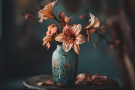 A vase with a flower in it sits on a table. The flower is orange and has a brown center. The table is made of woodの素材