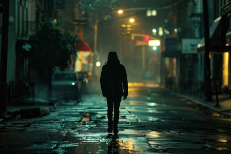 A man walks down a wet city street at night. The street is dark and the man is the only visible figure. The scene is quiet and the man is aloneの素材