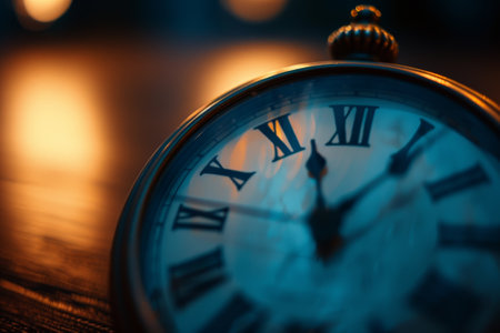 A close up of a clock with Roman numerals showing the time as 10:30. The clock is set on a wooden surface, and the lighting creates a warm and cozy atmosphere. Concept of calm and tranquilityの素材