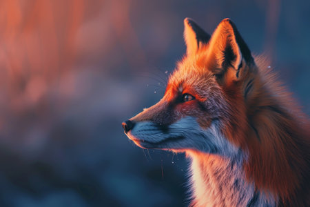 A fox is standing in the snow with its head tilted to the side. The image has a serene and peaceful mood, as the fox appears to be enjoying the winter landscapeの素材