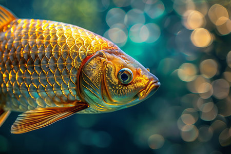 A gold fish is swimming in a tank with a blue background. The fish is looking at the camera with a curious expressionの素材