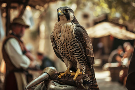 A falcon perched on a man's arm. The man is wearing a hat. The scene is outdoorsの素材