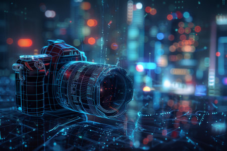 A digital image of a camera lens with a city in the background. The image has a futuristic and technological feel to itの素材