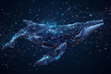 A blue whale is swimming in the ocean with stars in the background. The image has a dreamy, ethereal quality to it, as if the whale is floating through a starry skyの素材