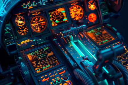 The cockpit of a plane is lit up with neon colors, giving it a futuristic and high-tech appearanceの素材