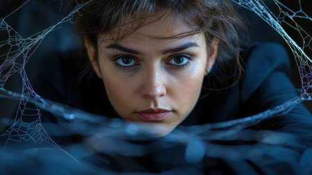 A woman with blue eyes is looking at the camera through a spider web. The spider web is made of thin, delicate strands that are woven together to create a patternの素材