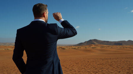 A man in a suit is standing in a desert, looking up at the sky. Concept of solitude and contemplation, as the man is lost in thoughtの素材