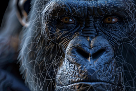 A close up of a gorilla's face with a black background. The image is a computer generated rendering of a gorilla's faceの素材
