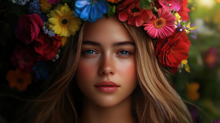 A woman with a flower crown on her head. The flowers are in various colors and the woman has a pretty smileの素材