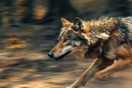 A wolf is running with its mouth open, showing its teeth. Concept of danger and wildness, as the wolf is in motion and he is in a state of alertnessの素材