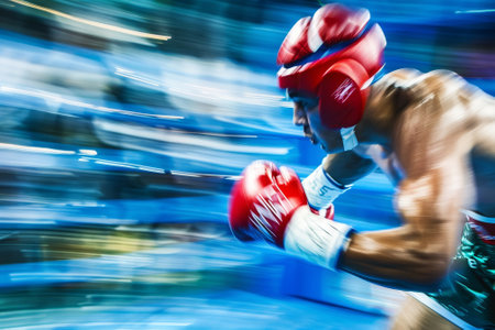 A man in a boxing ring with his hands in his pockets. The image is blurry and has a sense of motionの素材