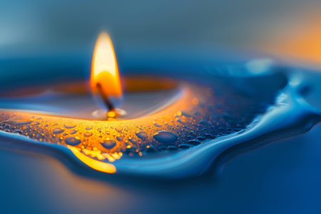 A candle is lit on a blue surface. The water droplets on the surface reflect the light from the candle, creating a serene and calming atmosphereの素材