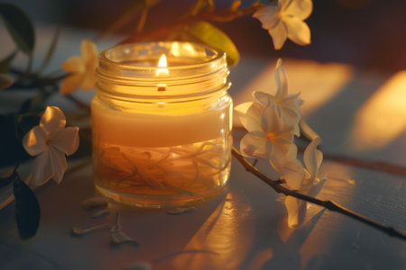 A candle is lit in a jar with a branch of flowers next to it. The scene is peaceful and calming, with the candle providing a warm glow and the flowers adding a touch of natureの素材