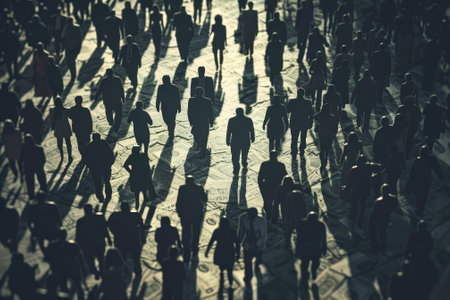 A group of people are walking down a street with a lot of money in their pockets. The image has a dark and moody atmosphere, with the people's shadows casting a sense of mystery and intrigueの素材
