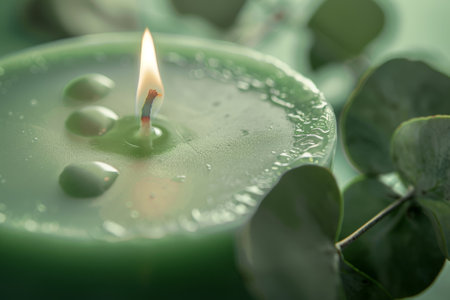 A green candle with a single flame is lit on a table. The candle is surrounded by green leaves, which adds a natural and calming touch to the scene. Concept of tranquility and relaxationの素材