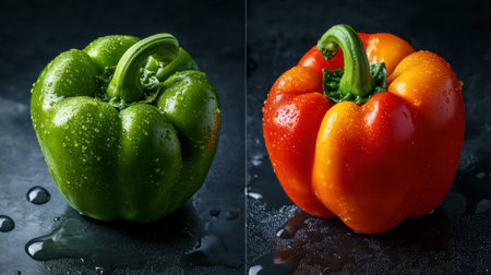 Two peppers, one green and one red, are shown with water droplets on their surfaces. The green pepper is larger and has a more rounded shape, while the red pepper is smaller and has a more pointed topの素材