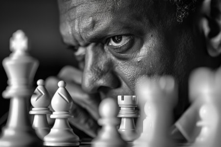 A man in a suit is playing chess and it is frustrated. He is leaning on the board and has his hand on his chinの素材