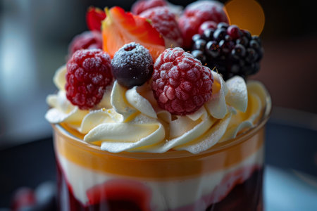 A dessert with whipped cream and strawberries on top. The dessert is in a glass and has a black rimの素材