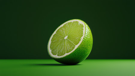 A green lime is cut in half and placed on a green table. The lime is the main focus of the image, and it is fresh and ripe. The green table and lime create a sense of freshness and healthinessの素材