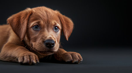 A brown puppy is laying on a black surface. The puppy has a sad expression on its faceの素材