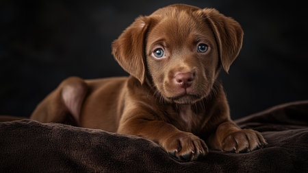 A brown puppy is laying on a blanket. The puppy has a blue eye and a brown noseの素材