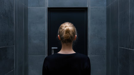 A woman with blonde hair stands in front of a door. The door is black and the woman is wearing a black shirt. Scene is mysterious and somewhat eerieの素材
