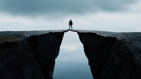 A man stands on a bridge over a deep ravine. The sky is cloudy and the man is looking out over the abyssの素材