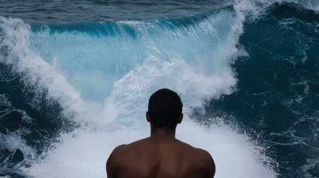 A man is standing in the ocean, looking out at the waves. The water is rough and the waves are high, creating a sense of power and energy. The man is in awe of the ocean's forceの素材