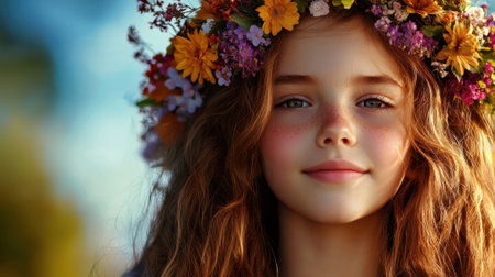 A young girl with a flowery headband is smiling. The girl has a red head and is wearing a flowery headbandの素材