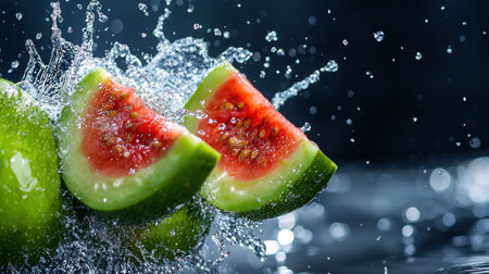 A watermelon is sliced in half and is surrounded by water droplets. Concept of freshness and vitality, as the watermelon is a healthy and refreshing fruit. The water droplets add a dynamicの素材