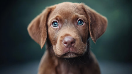 A brown dog with blue eyes is looking at the camera. The dog has a cute and innocent expression on its faceの素材
