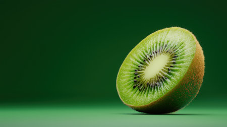 A green kiwi fruit with a small hole in the middle. The fruit is cut in half and is placed on a green backgroundの素材
