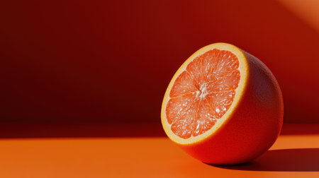 A slice of orange is on a table. The orange is cut in half and the inside is visibleの素材