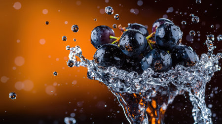 A bunch of grapes are floating in a glass of water. The water is splashing and the grapes are surrounded by the waterの素材