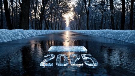 A road with a reflection of a sign that says "2025" on it. The image has a serene and peaceful mood, with the snow-covered trees and the calm water creating a sense of tranquilityの素材