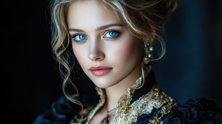 A woman with blue eyes and a black dress. She is wearing a necklace and earrings. She has a very pretty and elegant lookの素材