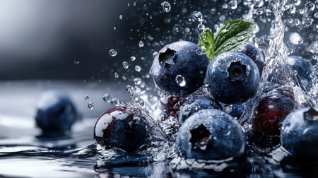 A bunch of blueberries are floating in water. The water is splashing and the berries are surrounded by dropletsの素材